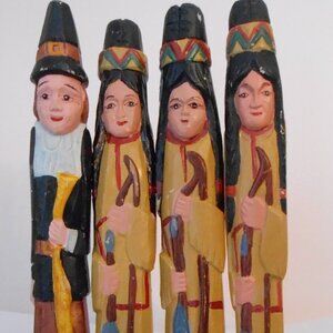Vintage Wooden Folk Art Set-Pilgrim & 3 Indian Wood Sculptures Carvings 10"Tall